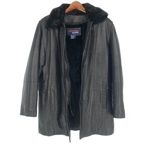 Vintage Mens Black Leather Jacket NY Classics Sports Removable Vest Collar Small